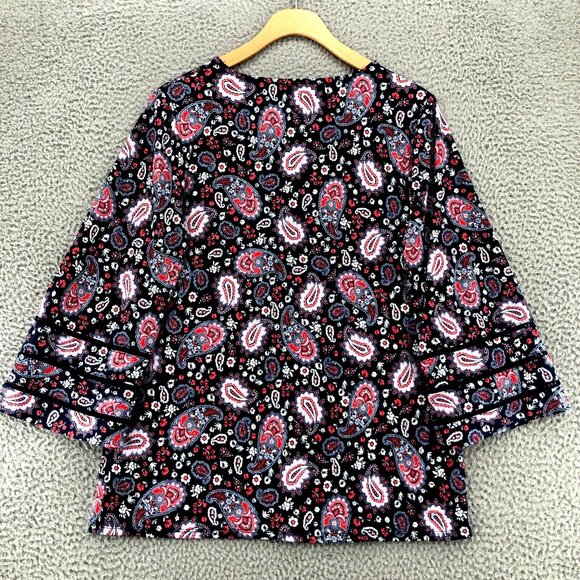 Roz & Ali Top Womens Small Navy Red Paisley Floral Small Sleeves Stretch Boho - Picture 4 of 10